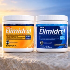Elimidrol Daytime and Nighttime formula tubs side by side
