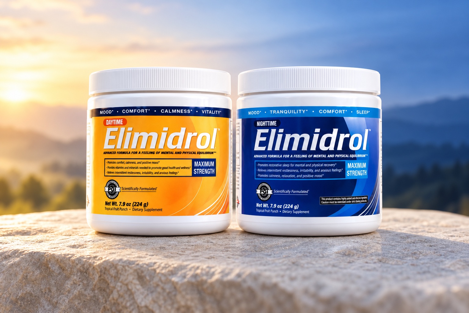 Elimidrol Daytime and Nighttime formula tubs side by side